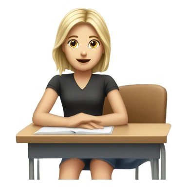 A white girl with a raised hand at a desk at school  sticker