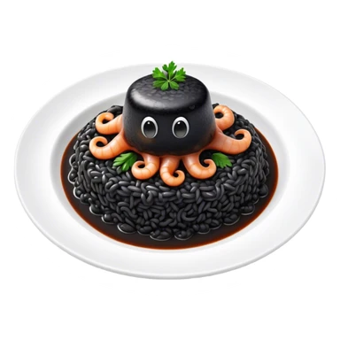 Cinematic Realistic Black Risotto Dish Emoji, showcasing a rich squid ink-infused risotto rendered with bold textures and dynamic, dramatic lighting. sticker