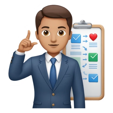 professional figure pointing at a task board or flowchart. The character wears business casual clothing sticker