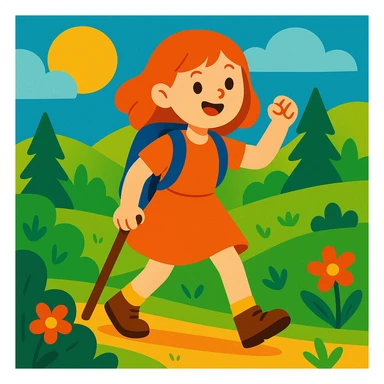 cheerful girl hiking outdoors wearing a dress, vibrant colors, nature setting sticker