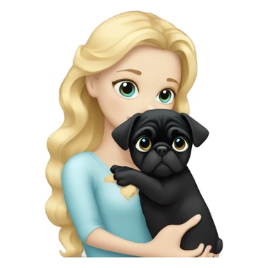 Girl with wavy blonde hair and blue eyes, kissing a black pug sticker