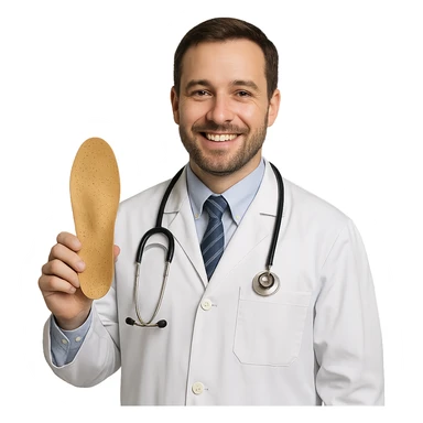 realistic smiling orthopedic doctor holding an orthopedic insole, neutral background sticker