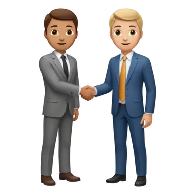 a video editor handshaking with a castomer. customer wears suit and tie but video editor wears shirt and trouser. they are handshaking inside a corporate office. sticker