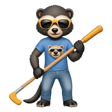mischievous anthropomorphised honey badger in jeans and a t-shirt, wearing sunglasses, holding a hockey stick sticker