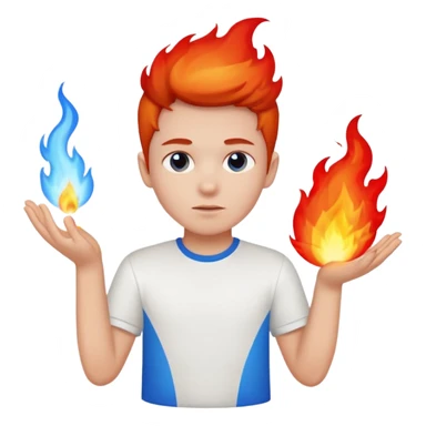 A boy with no hands fire instead made out of red fire and blue fire on a white shirt that the boy is wearing  sticker
