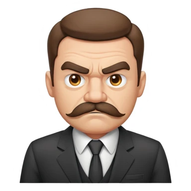 A grumpy cartoon man with a bushy mustache and angry expression, wearing a business suit sticker