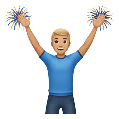 hombre sonriendo saltando con los brazos hacia arriba saltando, con fuegos artificiales, confites volando, sticker