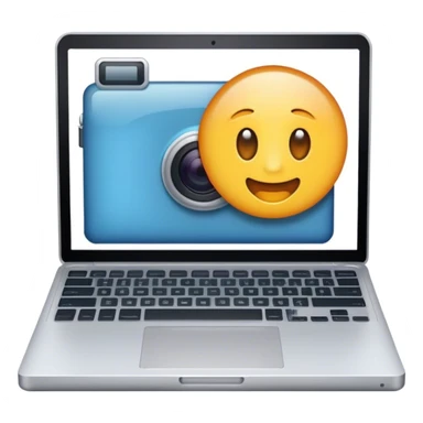 Create an emoji representing blogging. The design should feature an open laptop or tablet with a visible blog post on the screen, showing text. Add a photo or video camera to symbolize multimedia content creation. Use modern, professional colors. Make the background transparent. sticker