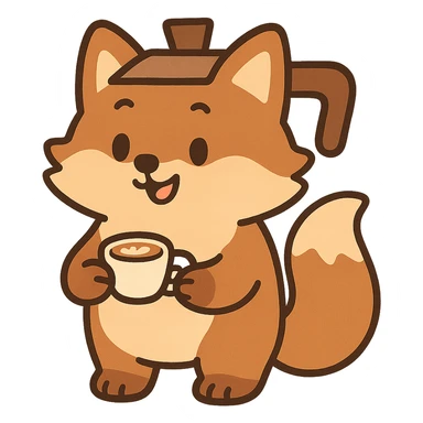 cute soft fluffy coffee maker fox, holding a tiny latte cup, brown and beige pastel, full-body sticker