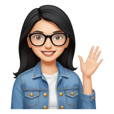 generate a pretty bratz emoji 
Make her wear a white dress with a denim jacket over it. black hair side part 

She should look exactly  like Deepika padukone. wearing rectangular spectacle, smiling sticker