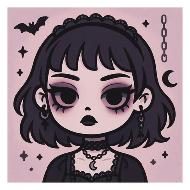 Make this pastel goth profile picture even more goth, keep it cute, expressive, and minimal, in the style of imagen-4-fast-KaUtLiSA10F. Enhance the goth elements while maintaining the pastel goth aesthetic, cute and expressive minimal style. sticker