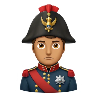Cinematic Realistic Napoleon Bonaparte Portrait Emoji, depicted as a commanding military leader with a determined gaze and iconic bicorne hat, rendered with dramatic textures and bold historical lighting that captures his imperial legacy. sticker