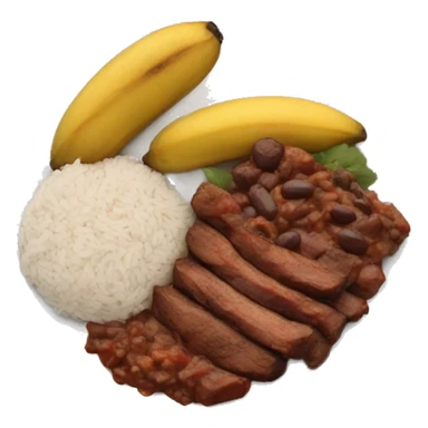 A plate with cooked meat in sauce , rice and fry male plantains and black beans sticker