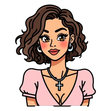 Light-skinned girl with honey brown eyes, long thick eyelashes, thin dark brown eyebrows, dark brown short curly hair with light highlights, flushed lips with heavy cupid bow, wearing a silver cross necklace, round silver earrings, and a light pink top with v-line sticker