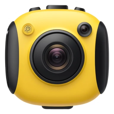 Insta360 camera emoji, front view, yellow body with black lens, minimal details sticker