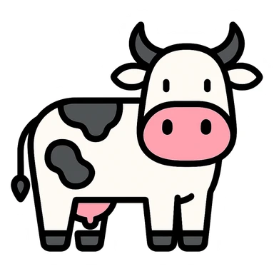 cow, modern color icon style, clean lines, simple shapes, minimal details, white and black with pink accents sticker