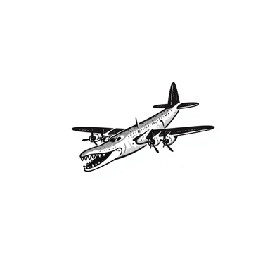 World War II bomber plane with four propeller engines that has a crocodile head and scaly reptile body, fusion of animal and machine sticker