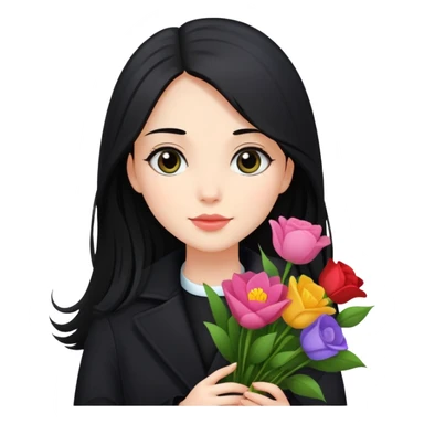 beautiful girl with long black hair wearing a black coat holding a bouquet of flowers sticker