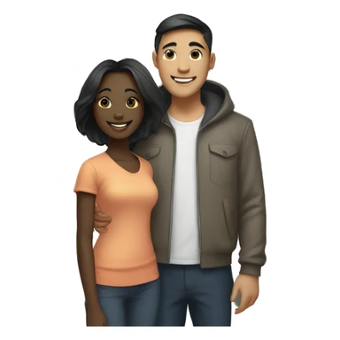 Young Asian man and young, dark skin, black female, who are rich, standing in front of their big house, smiling and happy. sticker