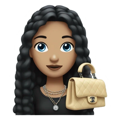 a girl with fair skin, straight black hair, blue eyes, with a Chanel handbag in her hand, stands sticker