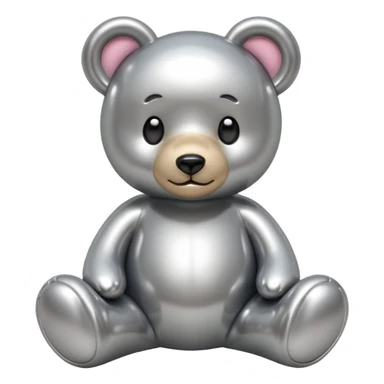 A cute teddy bear emoji made of liquid silver chrome, smooth rounded body, glossy metallic surface, soft reflections, friendly proportions, iOS emoji style, centered, clean white background sticker