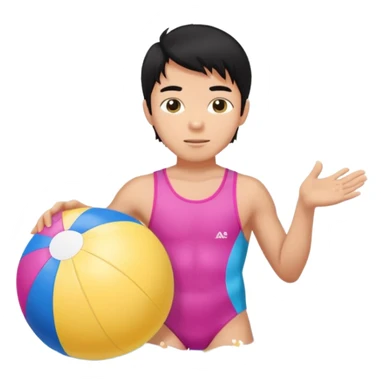 Hawaiian boy with black hair with pink highlights and a swimsuit, with beach ball sticker