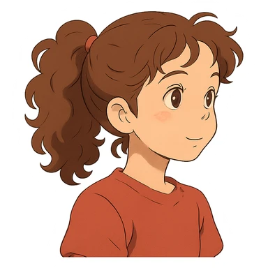 girl with brown curly hair in a ponytail, brown eyes, brown hair, ghibli style sticker