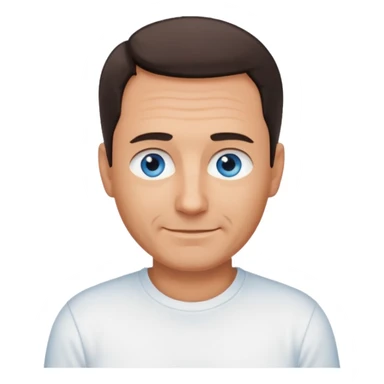 Middle aged man with tanned skin, receding dark hair and no beard, blue eyes, shy smile sticker