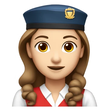 A white stewardess with long brown hair and brown eyes  in a red uniform and a red beret sticker