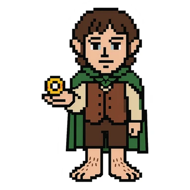 Whole body image of Frodo Baggins from the lord of the rings movie in pixel art style. Make Frodo look like the actor that portrayed him in the movie, Elijah Wood. Frodo is wearing the same green elven cloak with the leaf buckle, brown vest, cream undershirt, dark brown leather short pants, and hairy hobbit feet. He is holding the one ring in the palm of his outstretched hand. the ring is golden yellow with red elven inscription. sticker