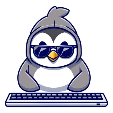A cool penguin wearing a hoodie with sunglasses perched on head, typing with one flipper on a sleek keyboard sticker