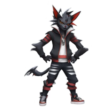 Cool Anthro Black Noivern-Absol-Litten-Pokémon with edgy stripes hoodie spiked collar punk Full Body sticker