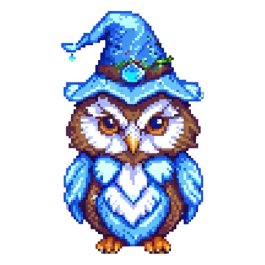 cute owl with a blue wizard hat in pixel art style sticker