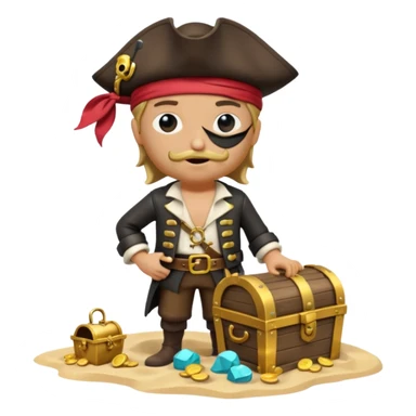A 3D cartoon pirate with one eye covered by a black eye patch, holding a treasure chest of gold, wearing a hat, standing on sand, Memoji-style. sticker