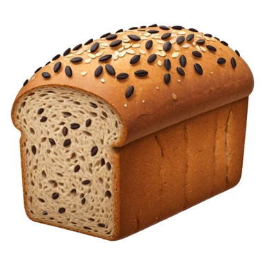 dense rectangular loaf of whole grain bread with dark brown crust, coarse textured surface speckled with seeds, slightly domed matte top, rustic hearty look, one or two thick slices beside it revealing grainy compact crumb, no plate, knife, or extras, soft lighting, subtle shadows, emoji scale sticker