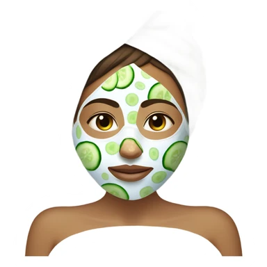 Girl with freackles Brown hair white skin and blue eyes wears Green colored texture skin care mask while She relaxes and puts two round piece of cucumber on her closed eyes In a white Robe sticker