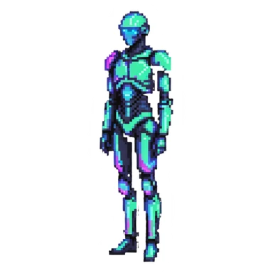 Pixelated future human with neon highlights, tech-enhanced body, and holographic elements sticker