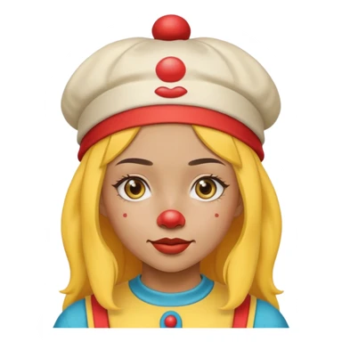 yellow kazakh girl wears a cap with a clown emodji on it sticker
