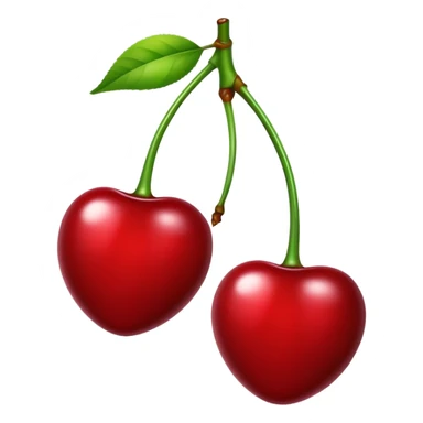 Pair of glossy red cherries with green stem, fruit sticker