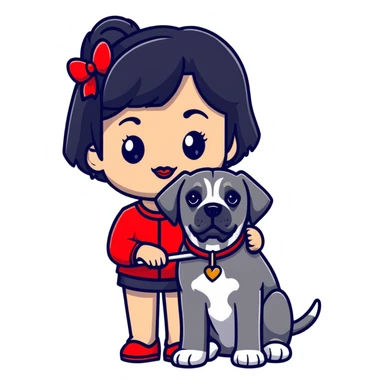 Fashionable girl with black hair and red lips with a Cane Corso dog sticker