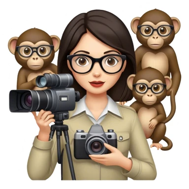 A white woman with dark hair and glasses with monkeys in the background and holding a video camera sticker