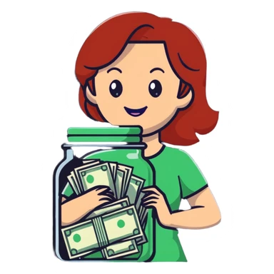 redhead woman with big smile holding glass jar with money bills inside sticker