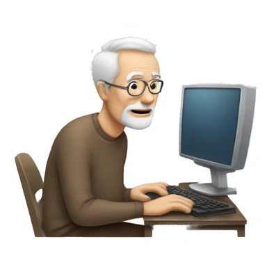 Old man with a computer and a coffee cup looking at the computer sticker