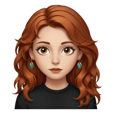 Girl with long, wavy, chestnut-colored hair with copper highlights. She has fair skin and natural eyebrows. The girl has expressive eyes, emphasized by makeup with eyeliner. She also has a nose and lip piercing (labret). The girl is wearing a black sweater. sticker