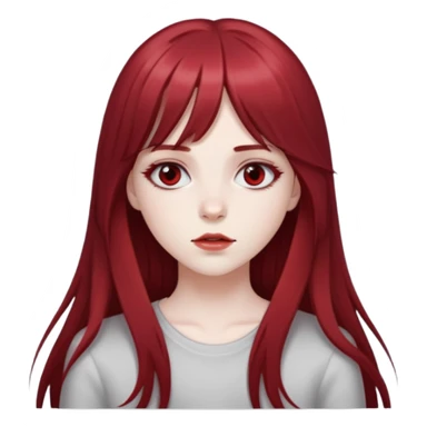 pale girl with deep red and long hair, having a long middle bang on her face, her eyes are greyish in colour sticker