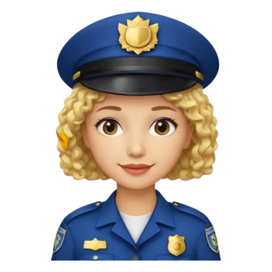 A light-skinned woman with short curly blonde hair, wearing a navy police hat with a badge, and a calm smile. sticker