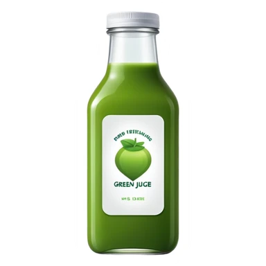 green juice in clear square bottle with label sticker