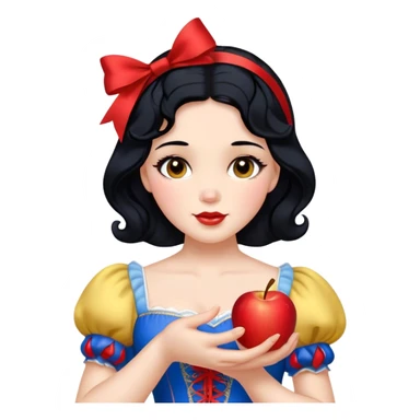 Cinematic Realistic Snow White Portrait, depicted with lifelike skin texture, soft natural lighting, and intricately detailed black hair styled with a red ribbon. Her soft brown eyes radiate innocence and kindness, complemented by a warm, gentle smile. She holds an apple in one hand, her other hand resting against her cheek, embodying her purity and charm. She is dressed in her classic yellow, blue, and red gown, the fabric rich in texture with delicate folds that catch the light beautifully. The portrait features a soft, natural glow with a radiant finish, capturing the essence of timeless beauty in a realistic and painterly style. sticker