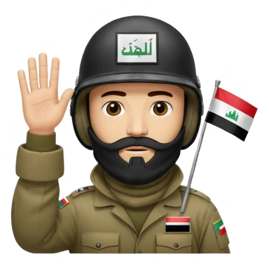 surrenders, depicts an Iraqi soldier from 1980, with a beard, in a helmet, a helmet with sign flag Iraq, with a balaclava, with sad eyes and both hands raised up sticker