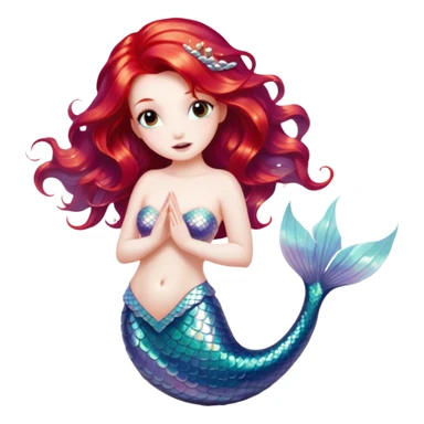 Cinematic Realistic Red Hair Mermaid Portrait, depicted with lifelike porcelain white skin that glows with an ethereal radiance, enhanced by soft underwater lighting. Her intricately detailed, flowing red hair cascades like liquid fire, framing deep, soulful eyes that mirror the mysteries of the deep sea. Accented by shimmering, iridescent scales and delicate aquatic embellishments, the portrait features an enchanting underwater glow that marries realism with mythic ocean elegance. sticker